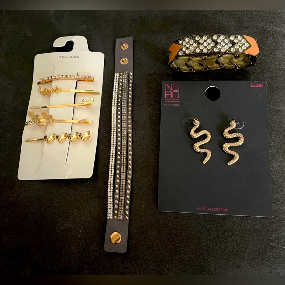 Blingy bracelets, earrings and barrettes